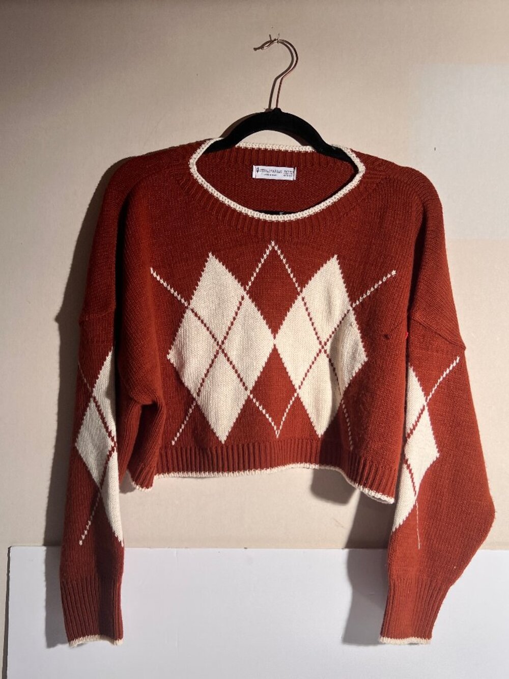 Stradivarius Rust Orange Argyle Cropped Knit Sweater XS